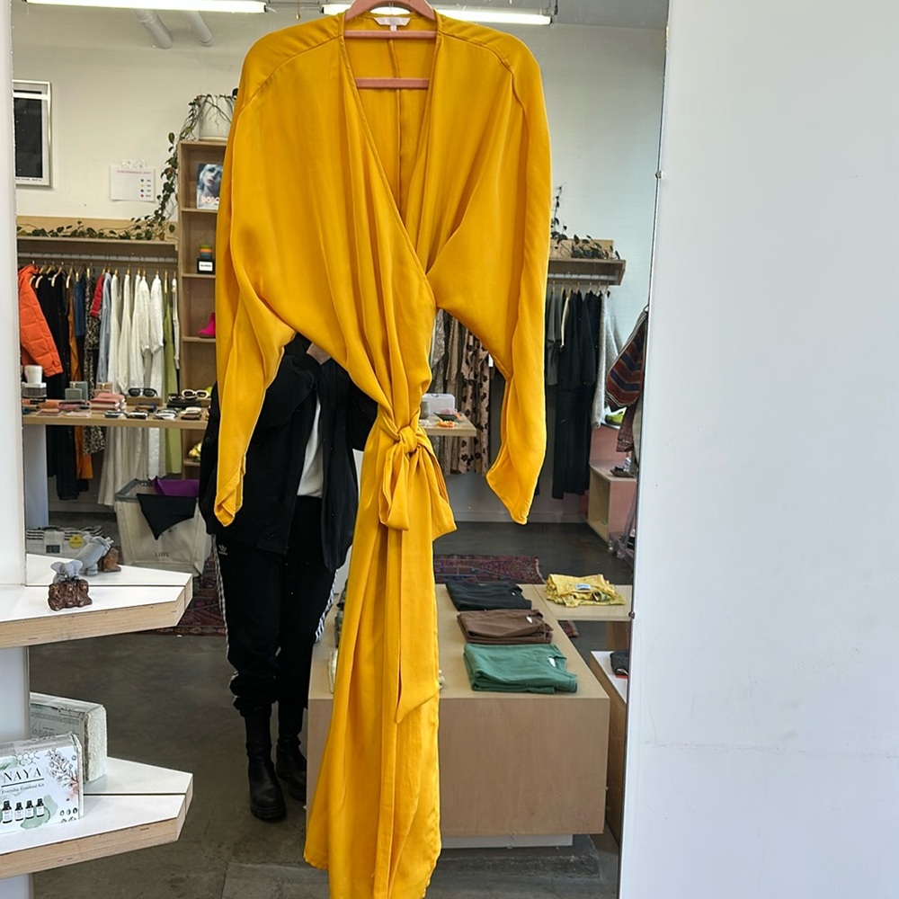 Yellow silky wrap dress